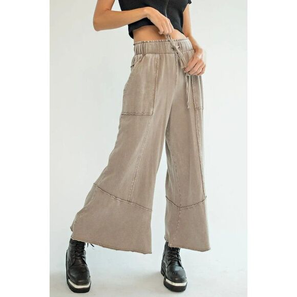 easel Pants - Easel Washed Terry Knit Wide Leg Boho Bohemian Pants in Mushroom S-L EB40706